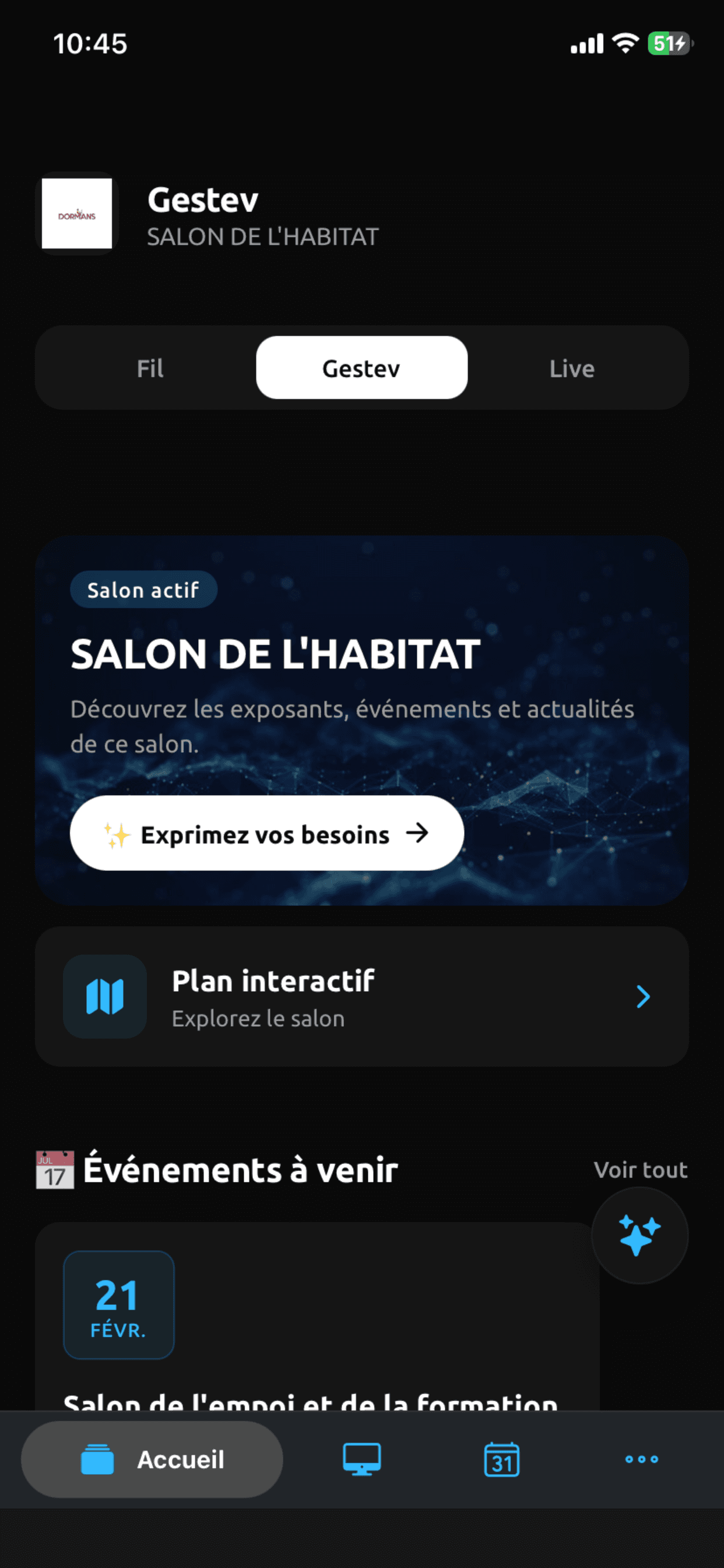 Écran d'accueil de l'application Gestev